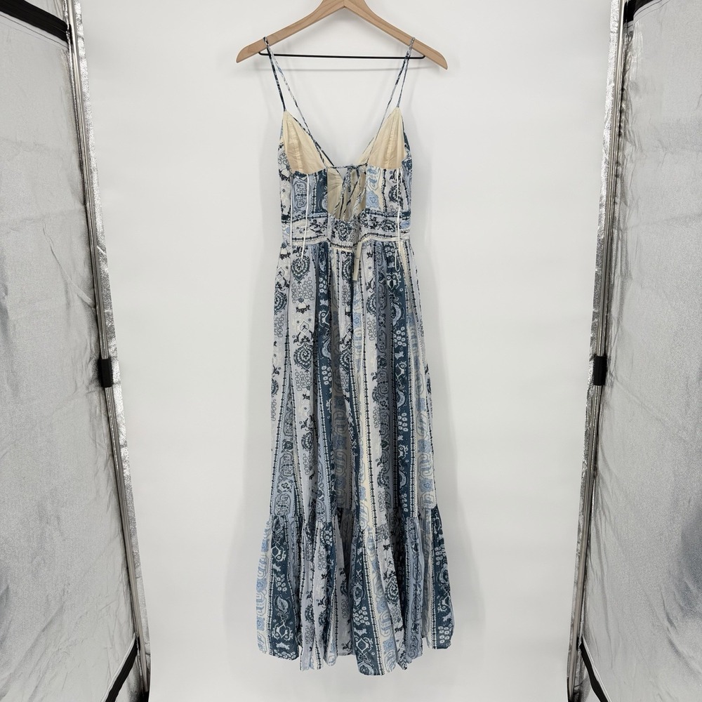 Abercrombie & Fitch Sz MT Blue Bra-Free V Neck Flowy Tiered Tie Back Maxi Dress - Picture 3 of 9